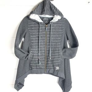 Miss Me Zip Up Asymmetrical Sweater Pockets & Hood